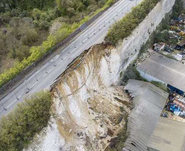 The A226 Galley Hill Road in Swanscombe has been shut since April last year following a major landslip. Photo: High Profile Aerial