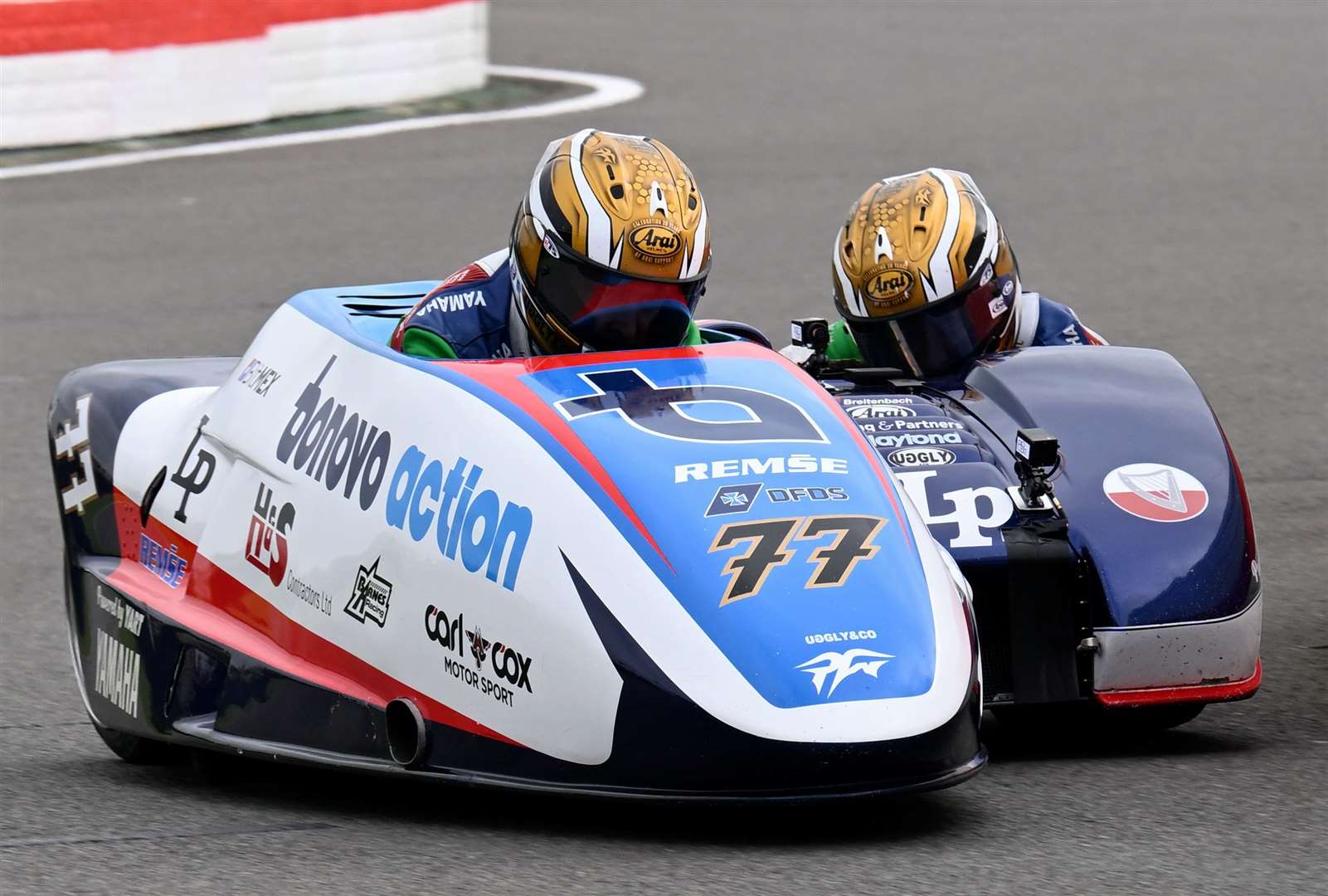 Tim Reeves, from Tenterden, with passenger Mark Wilkes finished fifth during the Sidecar Shootout. Picture: Simon Hildrew